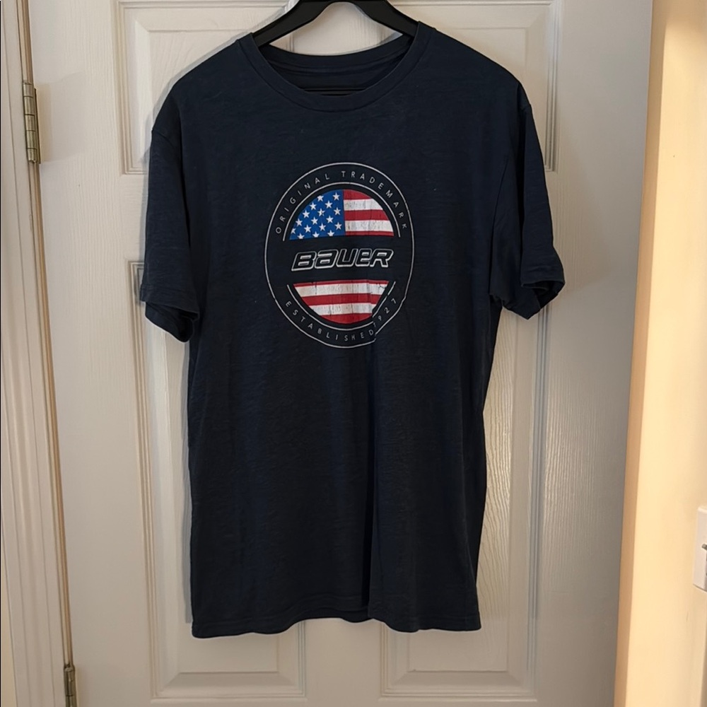 Bauer Blue Short Sleeve Tee with Vintage Flag Design